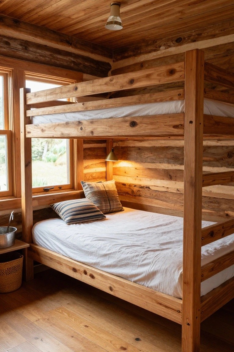 Wooden bunk bed with log-style posts and rails in a log cabin bedroom, lower bunk made with white sheets and striped pillows, against paneled log walls and next to a window.