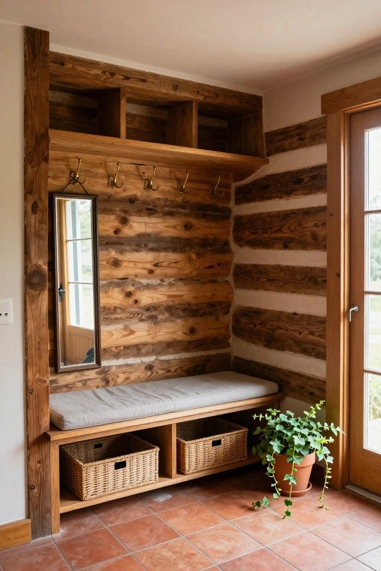 Log cabin entryway with built-in wooden shelves and hooks, full-length mirror, cushioned bench with wicker basket storage below, potted ivy plant, and glass door on terracotta tile floor.