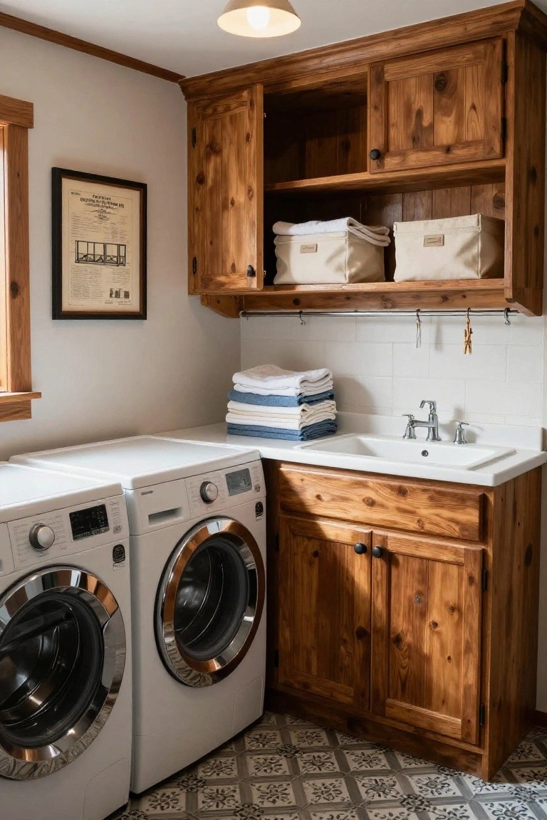 Laundry room with white front-load washer and dryer next to wooden sink cabinet, upper wooden cabinets with open shelves holding white fabric baskets, wood-trimmed walls, and gray patterned tile floor.