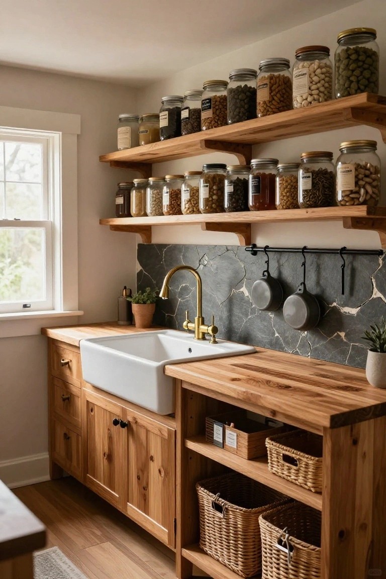 Rustic kitchen with wooden shelves, jars, white sink, and marble backsplash.