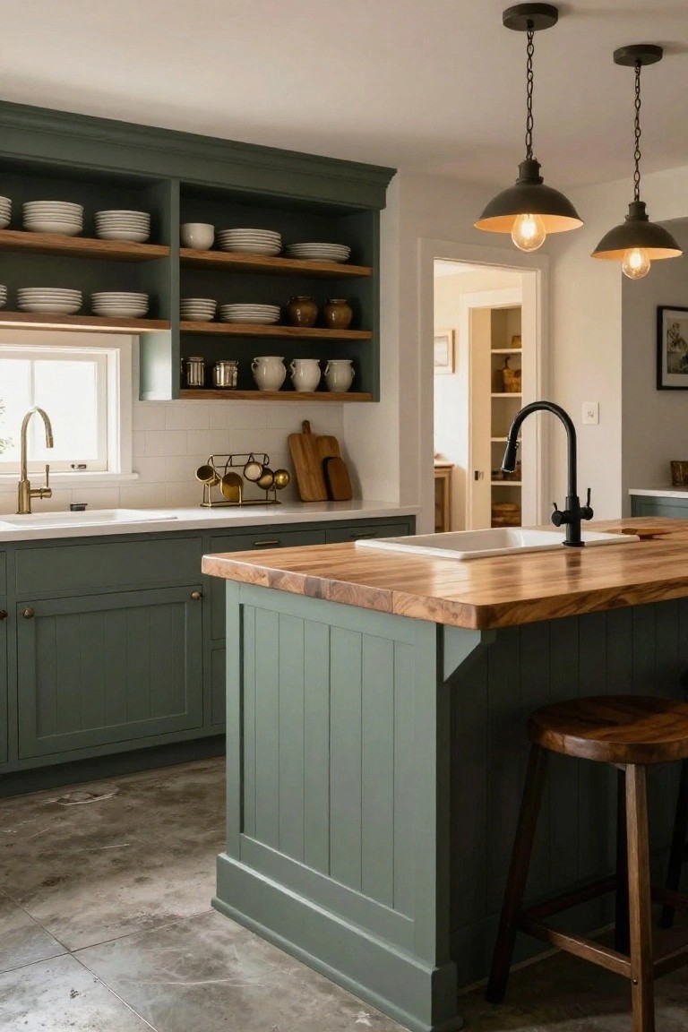 Kitchen with sage green paneled cabinets, wooden countertop island with stools, white sink and subway tile backsplash, brass faucets, and black pendant lights overhead.