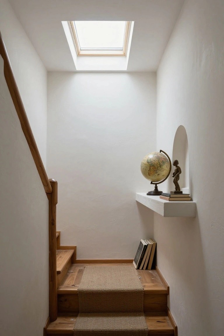 White stairwell with wooden handrail, natural wood steps covered by a seagrass runner, overhead skylight, wall niche with floating shelf holding a globe, bronze statue, stacked books, and leaning books at the base.
