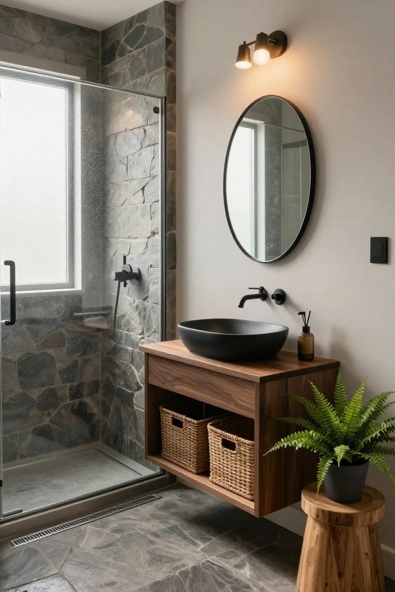 Modern bathroom with gray irregular stone tiled shower wall behind clear glass enclosure, floating walnut wood vanity holding black vessel sink and wicker baskets, oval black mirror, black sconces, potted fern, and gray tile floor.