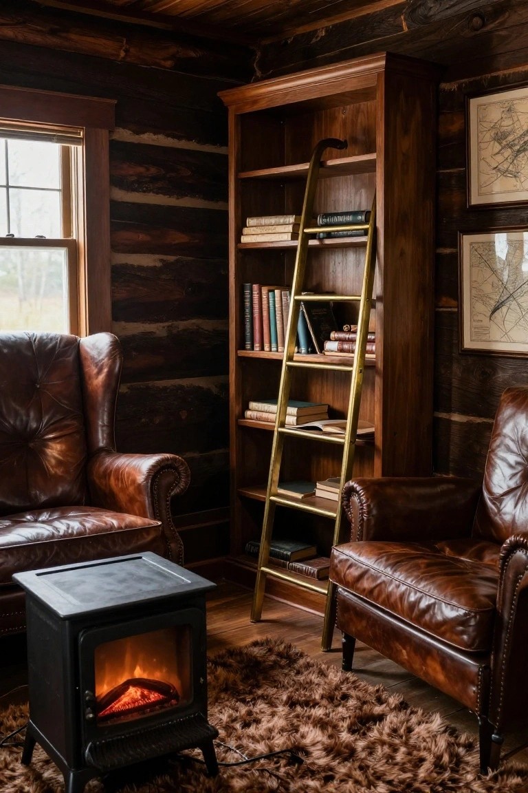 Log cabin interior featuring a tall wooden bookshelf with gold rolling ladder, leather armchairs, small black electric stove, and framed maps on walls.