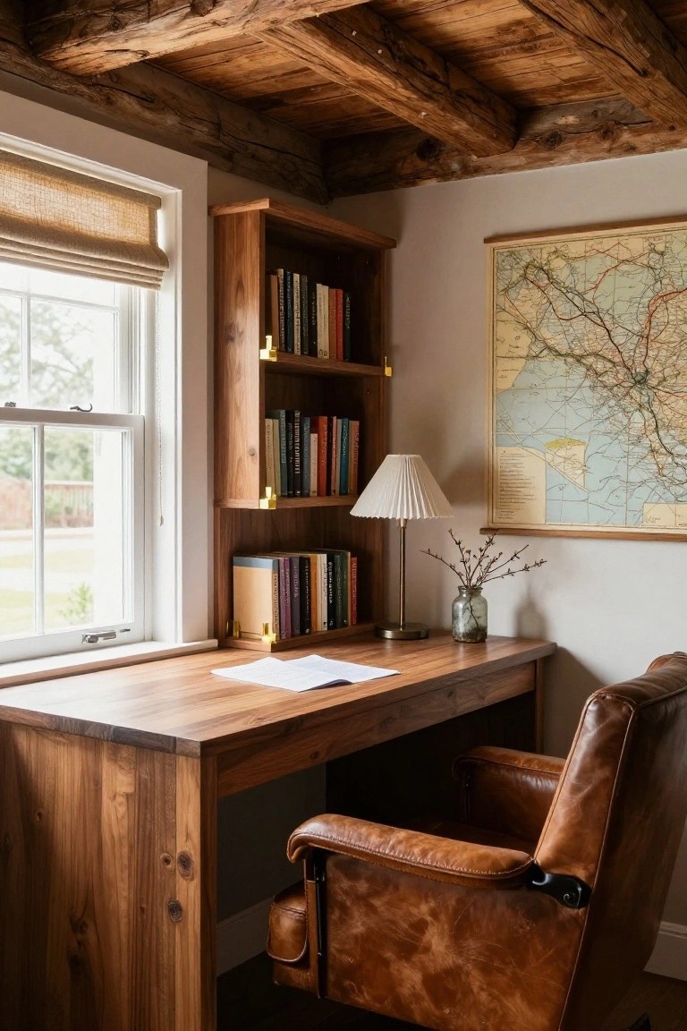 Wooden desk with leather chair, bookshelves, map, and lamp in cozy study.