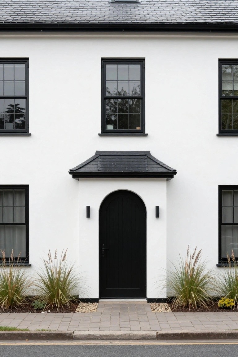 White house exterior with black timber framing, arched porchway containing a black wooden door with leaded glass window, lantern light on wall, potted plants beside steps, and gravel path in front.