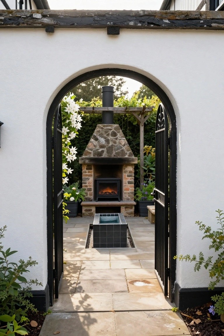 Black and white half-timbered Tudor house exterior featuring an arched black wooden door flanked by lanterns, ivy climbing the eaves, boxwood shrubs in terracotta pots, and a gravel path with stone edging.