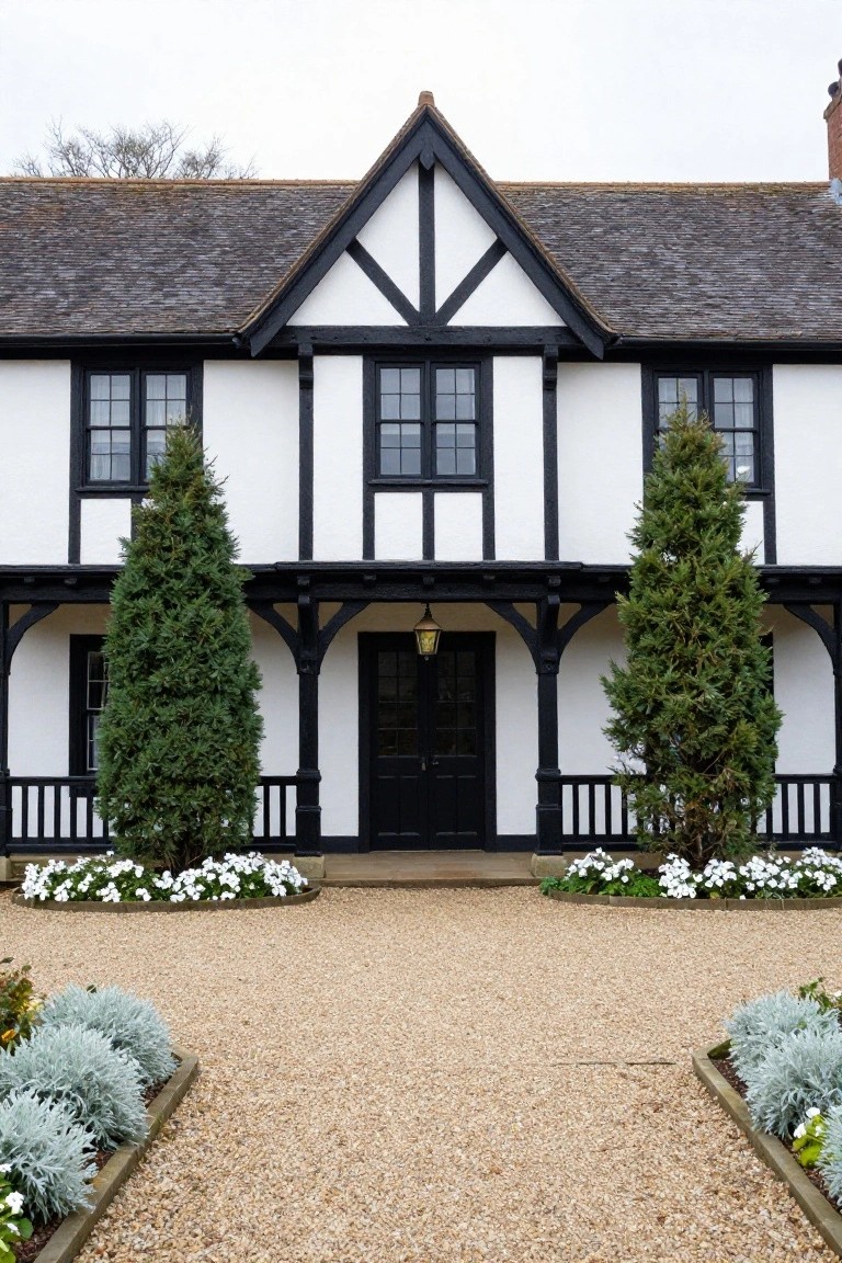 Black and white half-timbered Tudor house exterior with arched black front door, curved stone path, hydrangea plantings, bench, and low stone wall along the front yard.