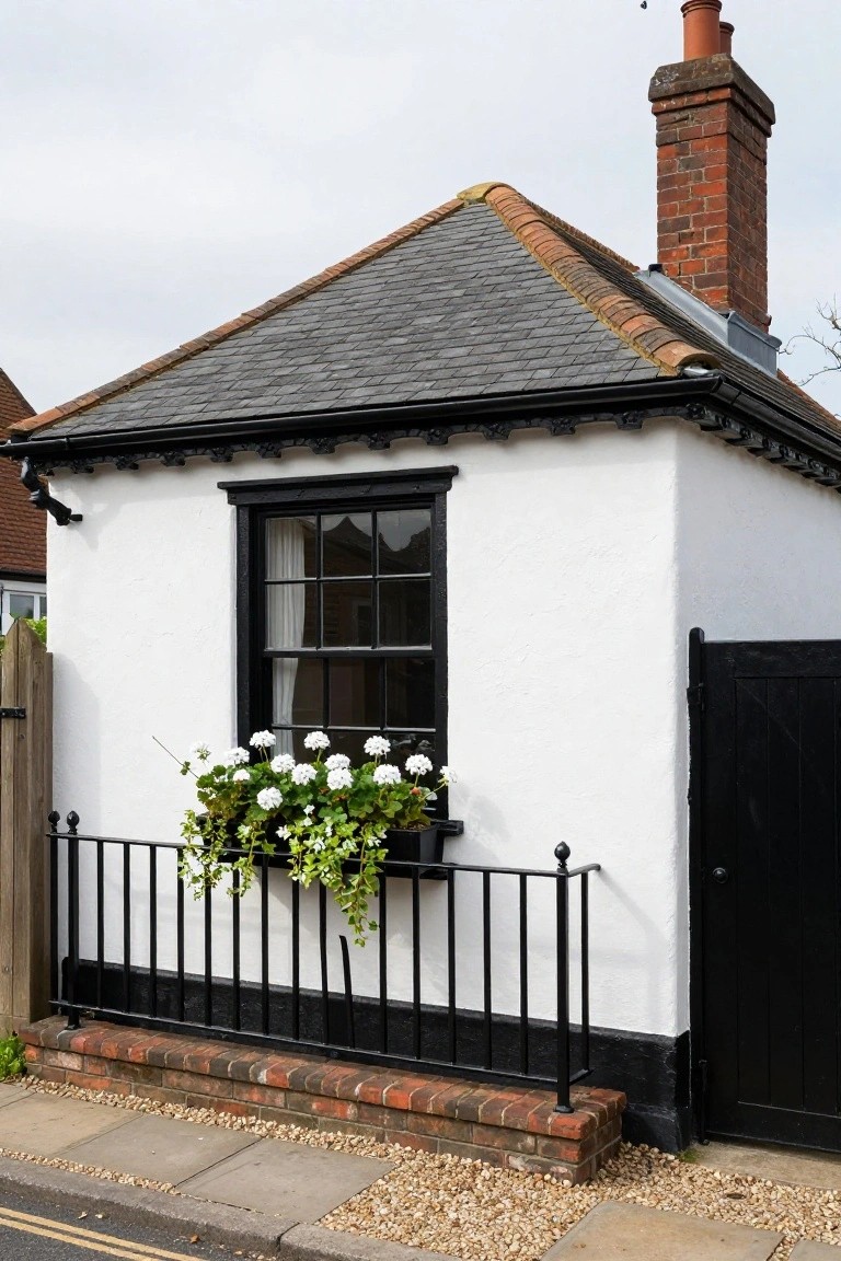 White stucco house exterior with black-framed windows, black front door with brass knocker, flanked by black lanterns, potted lavender and topiary plants, and a stone path with gravel.