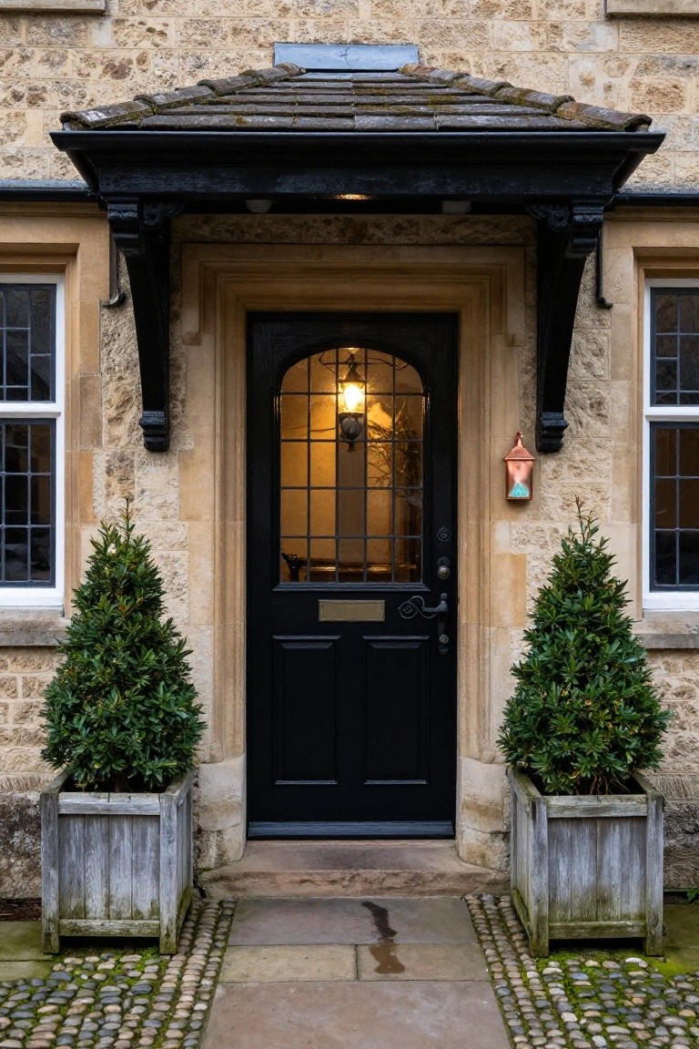 A two-story Tudor house exterior featuring black timber framing on pale rendered stone walls, an arched black front door with lanterns, leaded windows, a stone bench, evergreen shrubs, and a gravel path beside a street.
