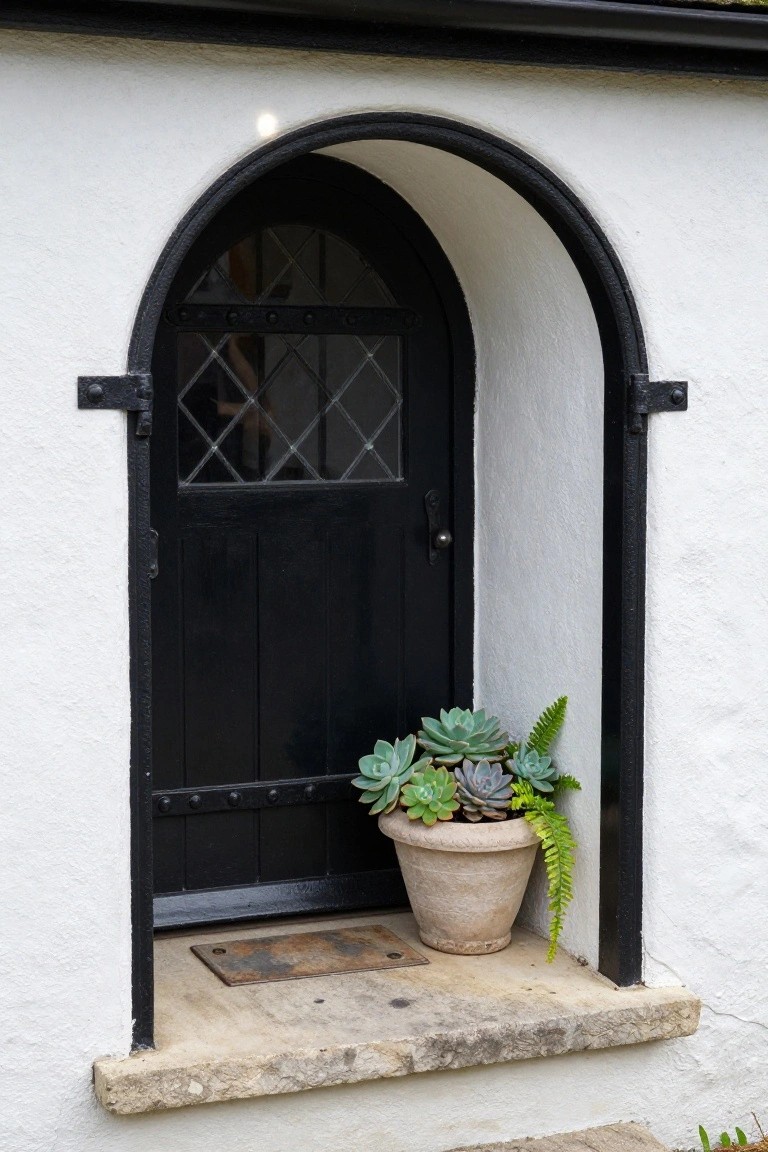 White Tudor-style house with black timber framing and gabled roof at dusk, lit windows and entry door, two armchairs on porch, stone well and bushes in front yard.