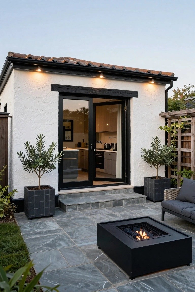 A two-story white plaster house with black half-timber framing, multi-pane black-framed windows, a wooden porch covered in purple wisteria vines, stone boundary wall, garden beds, and gravel path in front.