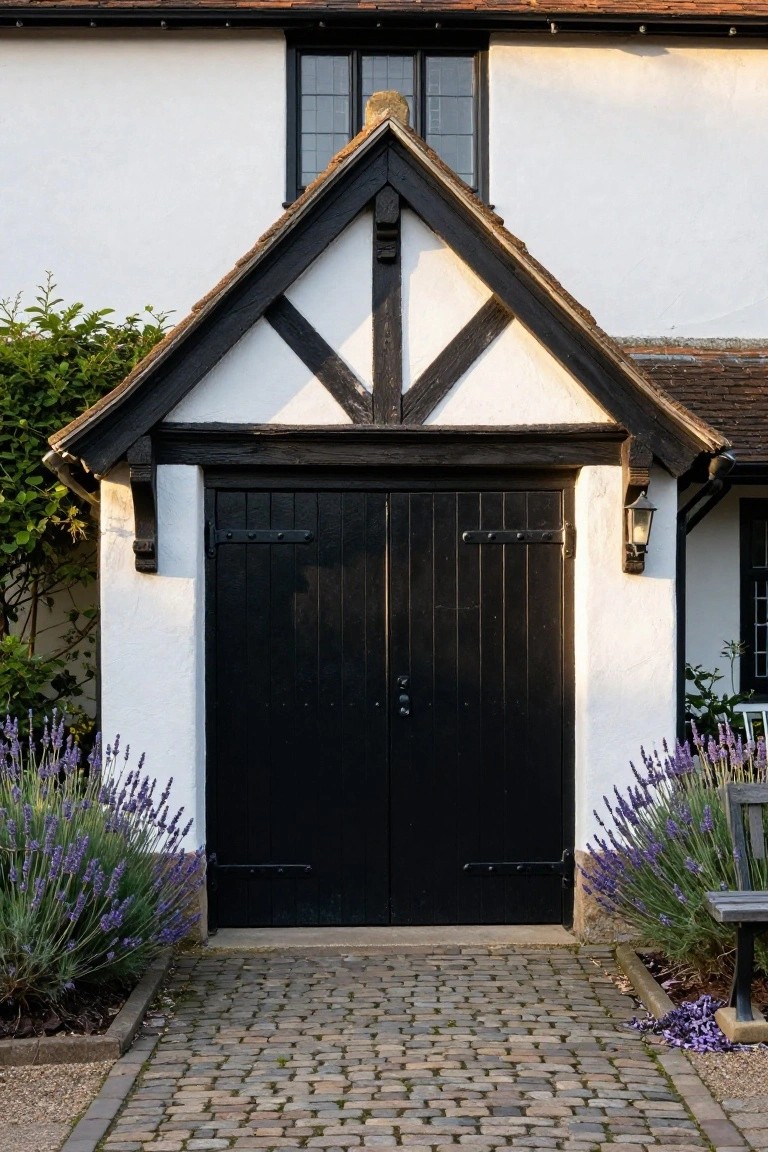 A two-story black-and-white half-timbered Tudor house with white stucco walls, dark wood beams, multi-pane windows, an arched stone entry door with lantern, potted plants at the base, and a stone path in front yard.