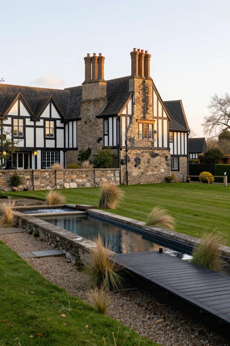A two-story Tudor-style house exterior with black half-timber framing on white walls, featuring gabled roofs, multi-pane windows, a central wooden door with stone surround, flanked by topiary trees in pots, boxwood hedges, and gravel paths on a lawn.