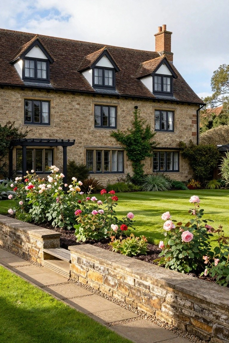 Two-story Tudor house exterior with black half-timber framing on light stone walls, black garage door, front door, tall windows, and gravel pathway with lavender flower beds and stone edging.