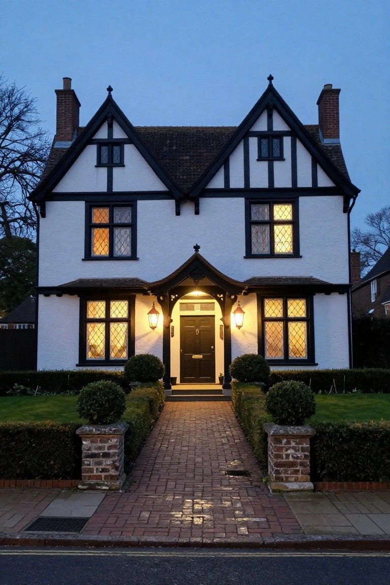 A two-story black and white Tudor-style house with dark timber framing, black shutters on multipaned windows, a dark garage door, and a curved stone pathway lined with low-voltage lanterns and ornamental grasses.