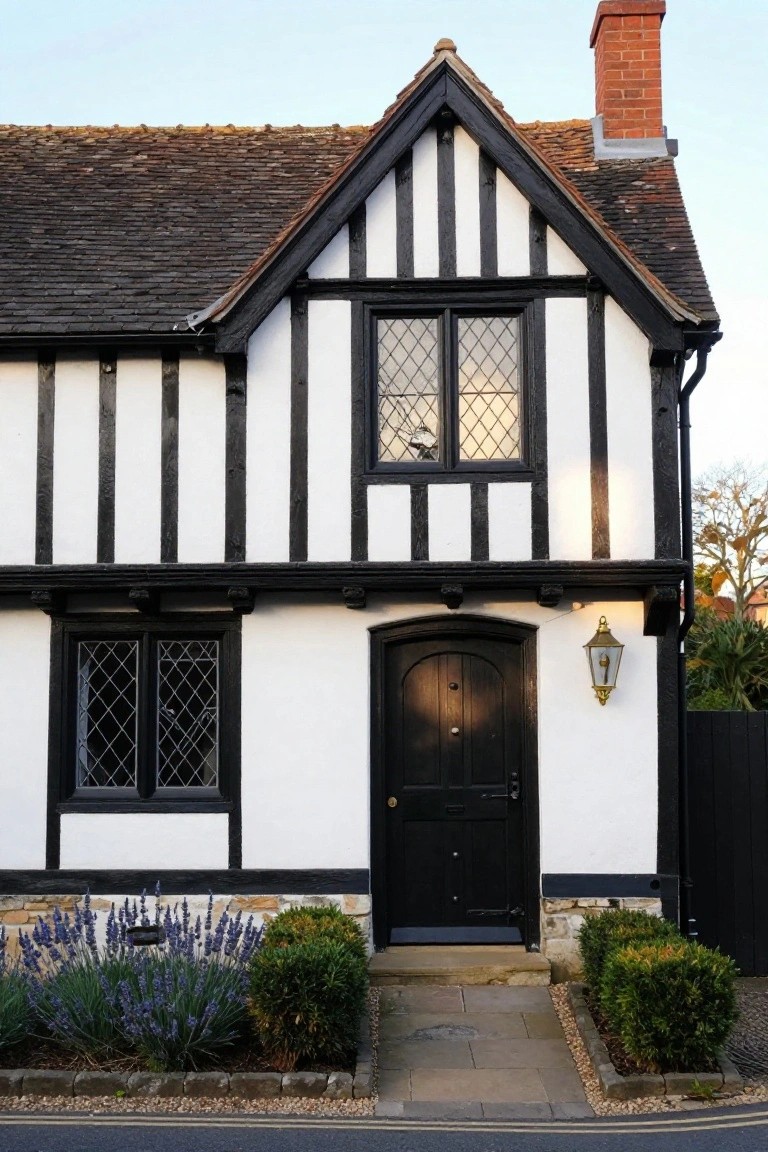 Black-and-white half-timbered Tudor house exterior with pink climbing roses beside the black front door, wooden bench nearby, hedges, and stone pathway.