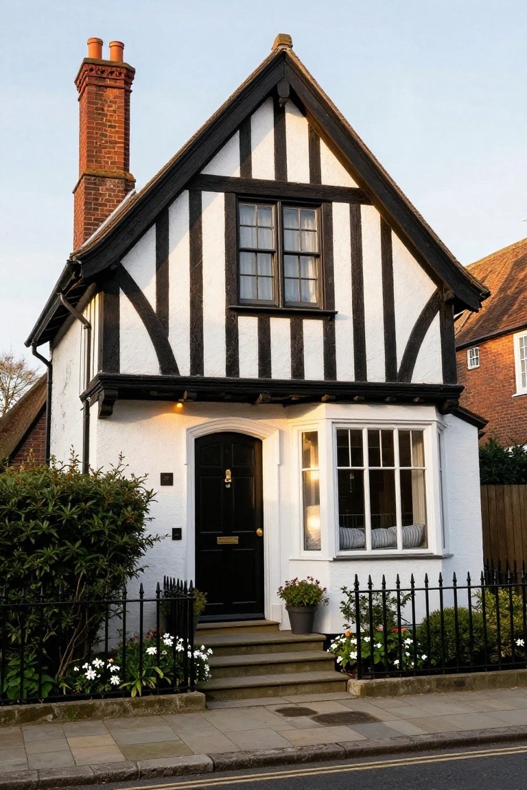 White stucco exterior wall with black-framed arched doors and windows adjacent to a circular cobblestone patio centered on a stone fountain, with potted plants, a wooden stool, and an apple tree nearby.