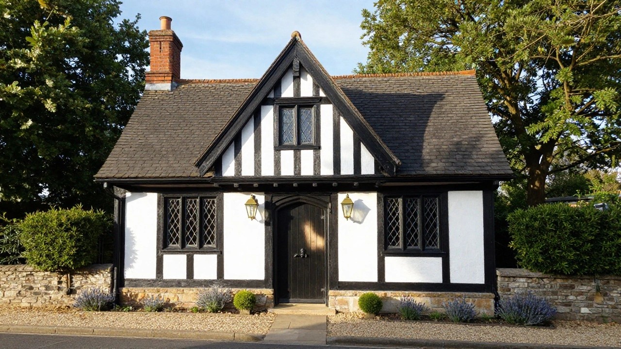 Black-and-white half-timbered Tudor house exterior with pink climbing roses beside the black front door, wooden bench nearby, hedges, and stone pathway.