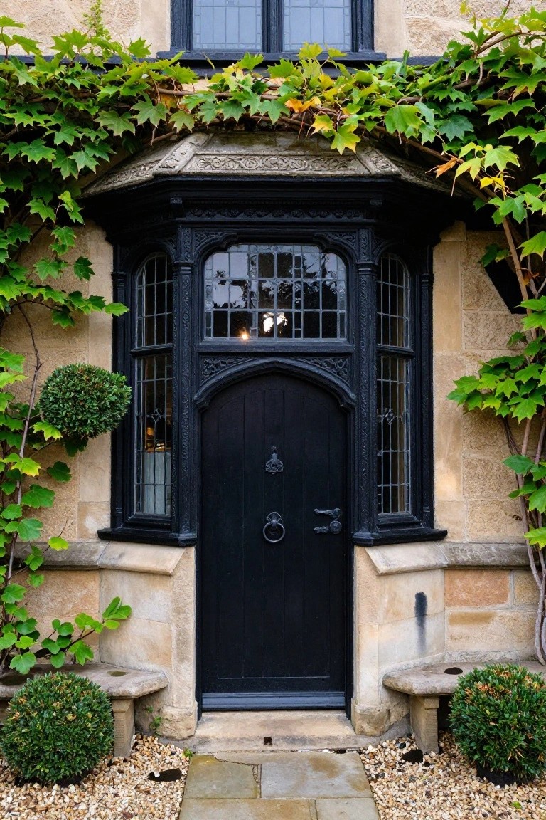 White stucco house exterior with black-framed doors and window, black pergola shading a teak dining table with black chairs on a stone patio, stone barbecue nearby, small green pool with pebble edging, and potted plants.