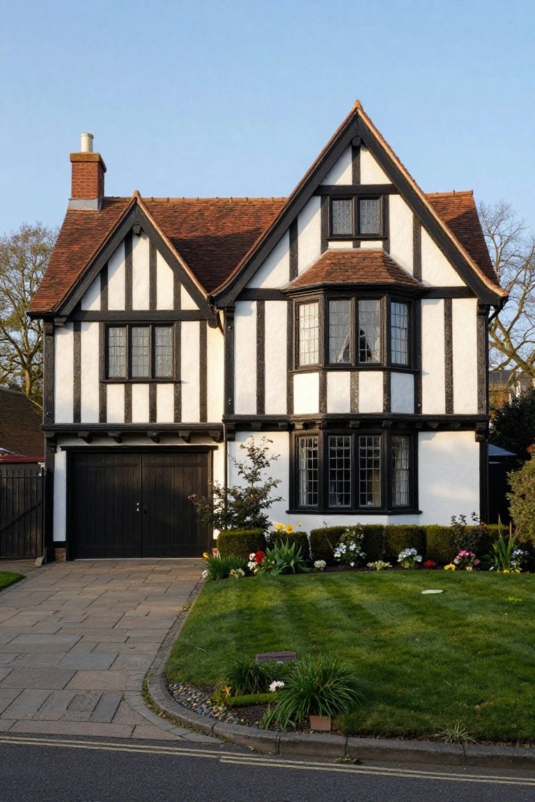 White house exterior with black-framed windows and slate roof next to a turquoise pool on a stone terrace edged with brick, flanked by potted olive trees and throw pillows.
