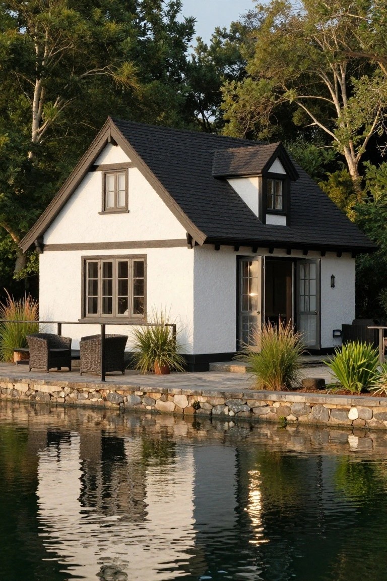 Side exterior of black and white Tudor-style house with covered porch strung with lights, slate stone patio holding wooden dining table with black wire chairs, gas grill, and potted plants.