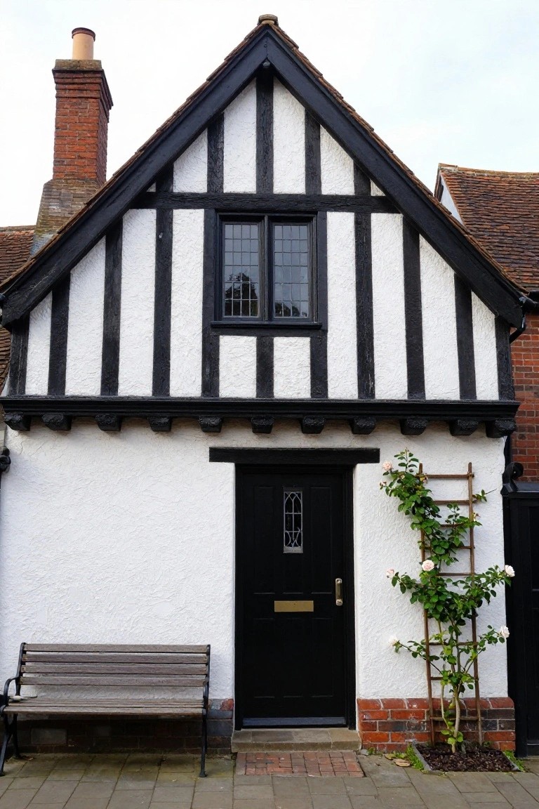Two-story Tudor house exterior featuring black half-timber framing on white plaster walls, red clay tile roof, arched black wooden entry door, leaded glass windows, and front garden with gravel path, boxwood shrubs, and lawn.
