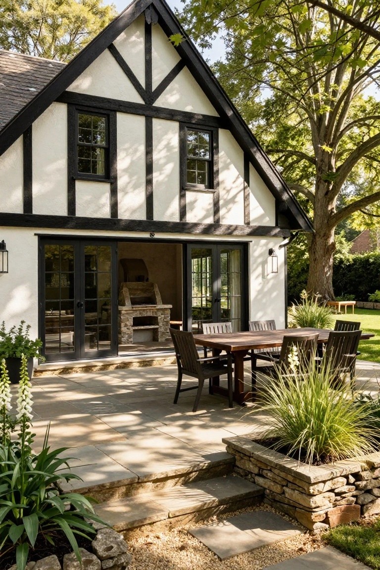 Two-story Tudor house exterior with black timber framing on white stucco walls, red tile roof, black front door, leaded windows, black iron fence with lavender plants, and cobblestone path.