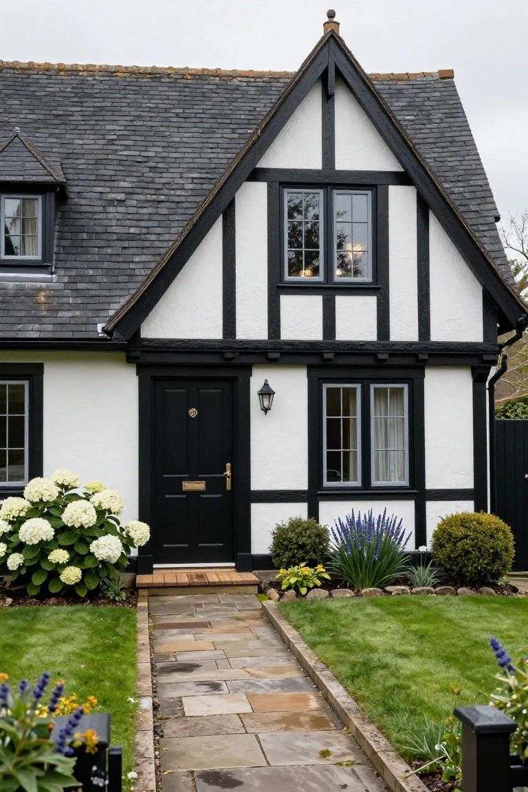 Two-story Tudor house exterior with black half-timber framing on white stucco walls, brick base and accents, arched black front door, stone pathway, and front landscaping with grasses and lanterns.
