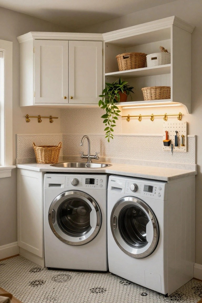 Corner indoor laundry room featuring side-by-side white washer and dryer under white cabinets, stainless steel utility sink on white countertop, wicker baskets on open shelves, potted hanging plant, gold hooks and pegboard, and white hexagonal tile floor with black circular patterns.