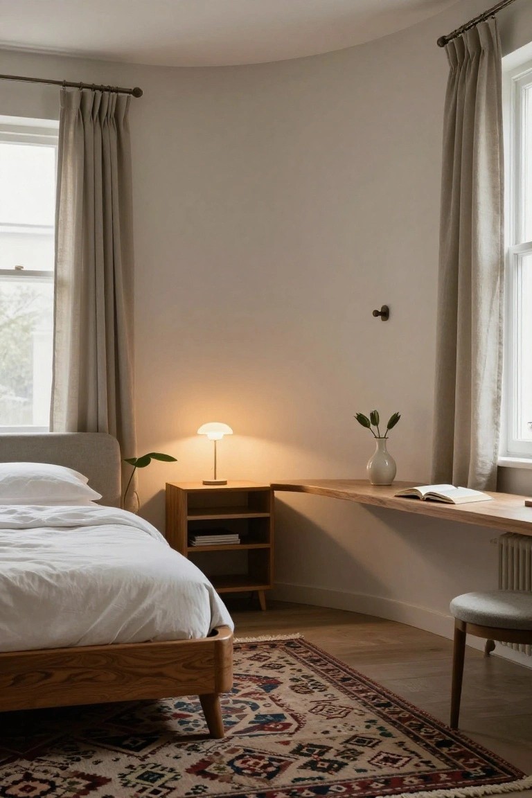 Bedroom interior with light wooden curved bed frame and white linens on patterned rug, built-in wooden nightstand holding lamp and plant, floating wooden desk with open book, white vase of tulips, linen curtains on large windows, and oak flooring.