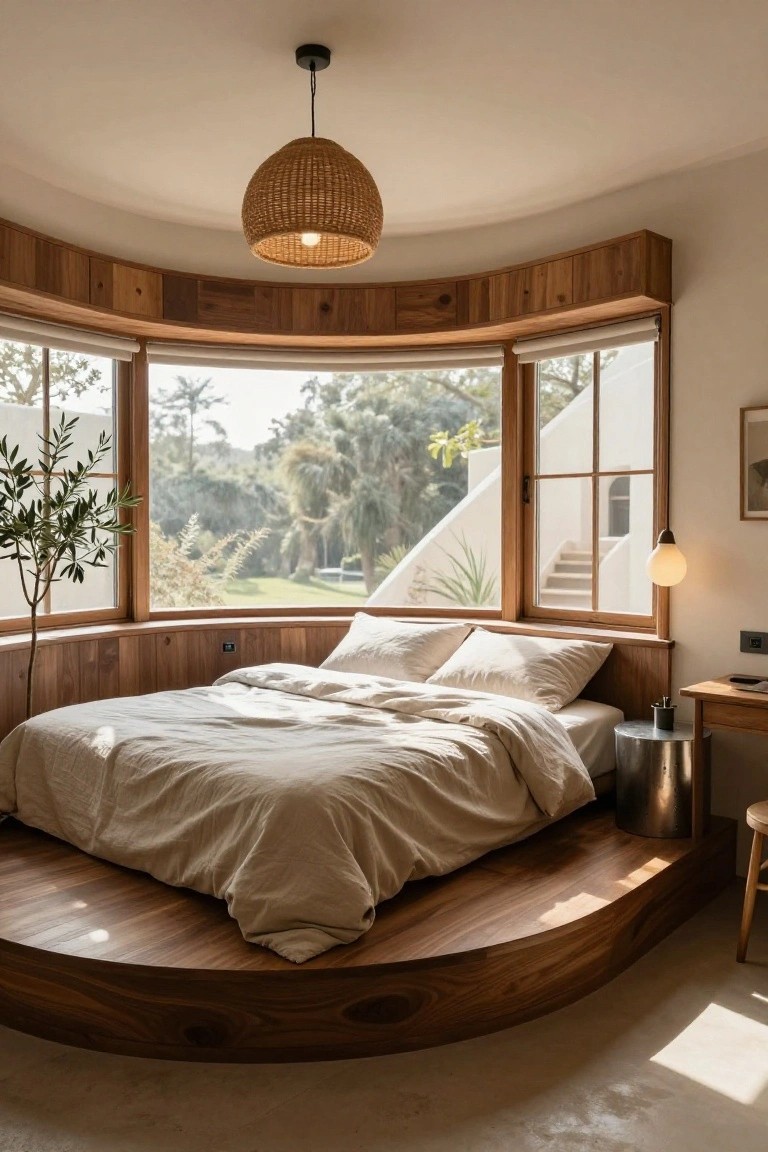 Curved wooden bedroom with built-in platform bed, white linens, large curved windows overlooking greenery and palms, olive tree plant, side table, and woven pendant light.