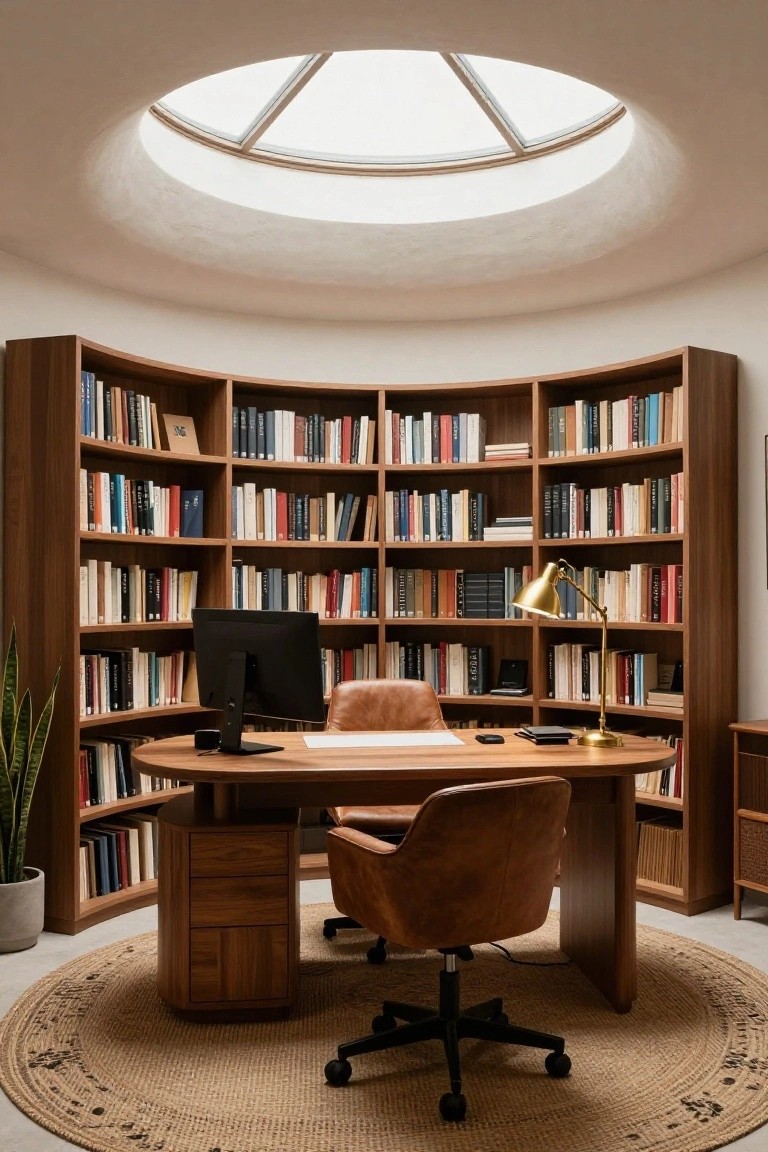 Curved wooden bookshelves fill the walls of a round interior room with a skylight, surrounding a central wooden desk, tan leather desk chair, computer monitor, gold desk lamp, potted plant, and round rug on the floor.