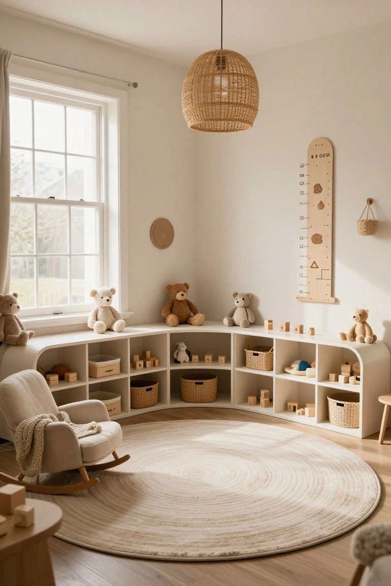 Light beige children's playroom featuring curved white built-in shelving units stocked with toys, baskets, and stuffed bears, a central round cream rug, a cream rocking chair with throw, wooden blocks on a small table, and a wooden height chart on the wall.
