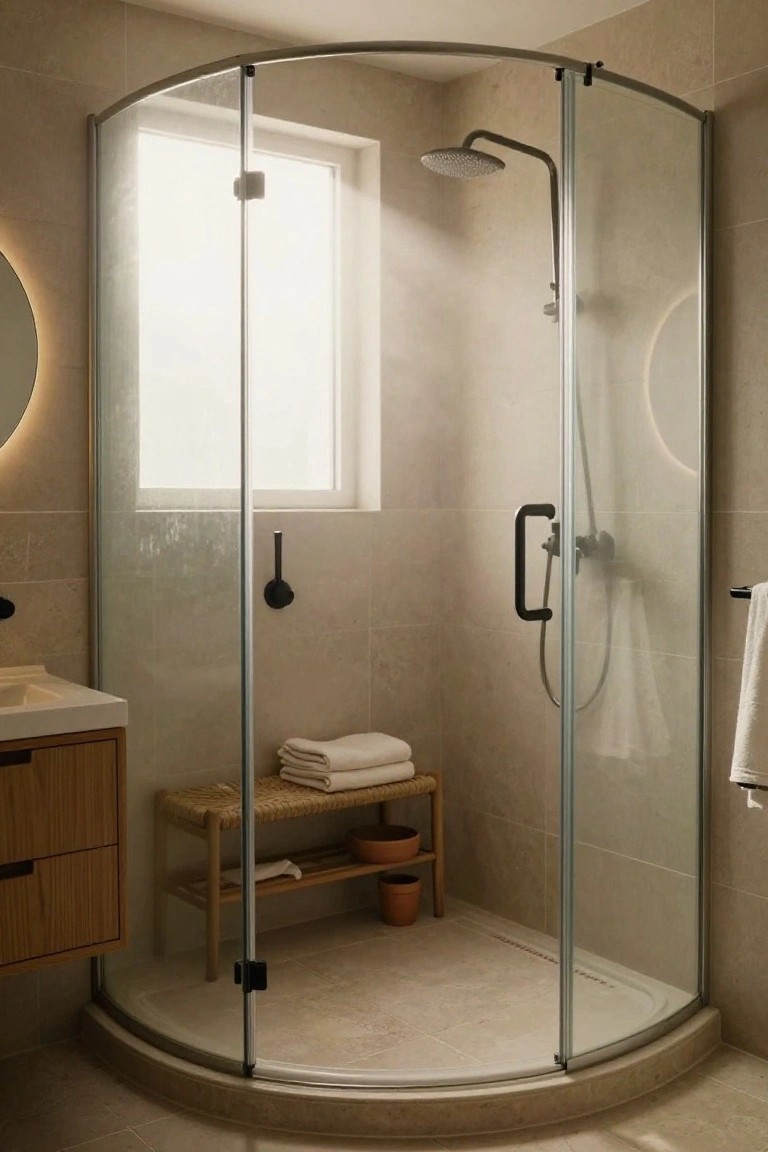 Beige-tiled bathroom with curved frameless glass shower enclosure, rainfall showerhead, rattan bench with folded towels, wooden vanity, and small window.