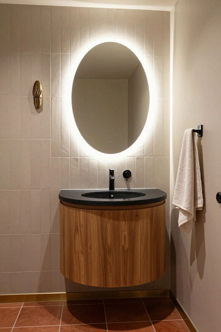 Modern bathroom with curved wooden floating vanity, black stone sink top, round backlit mirror, beige vertical tile walls, gold wall fixture, black towel holder with white towel, and terracotta floor tiles.