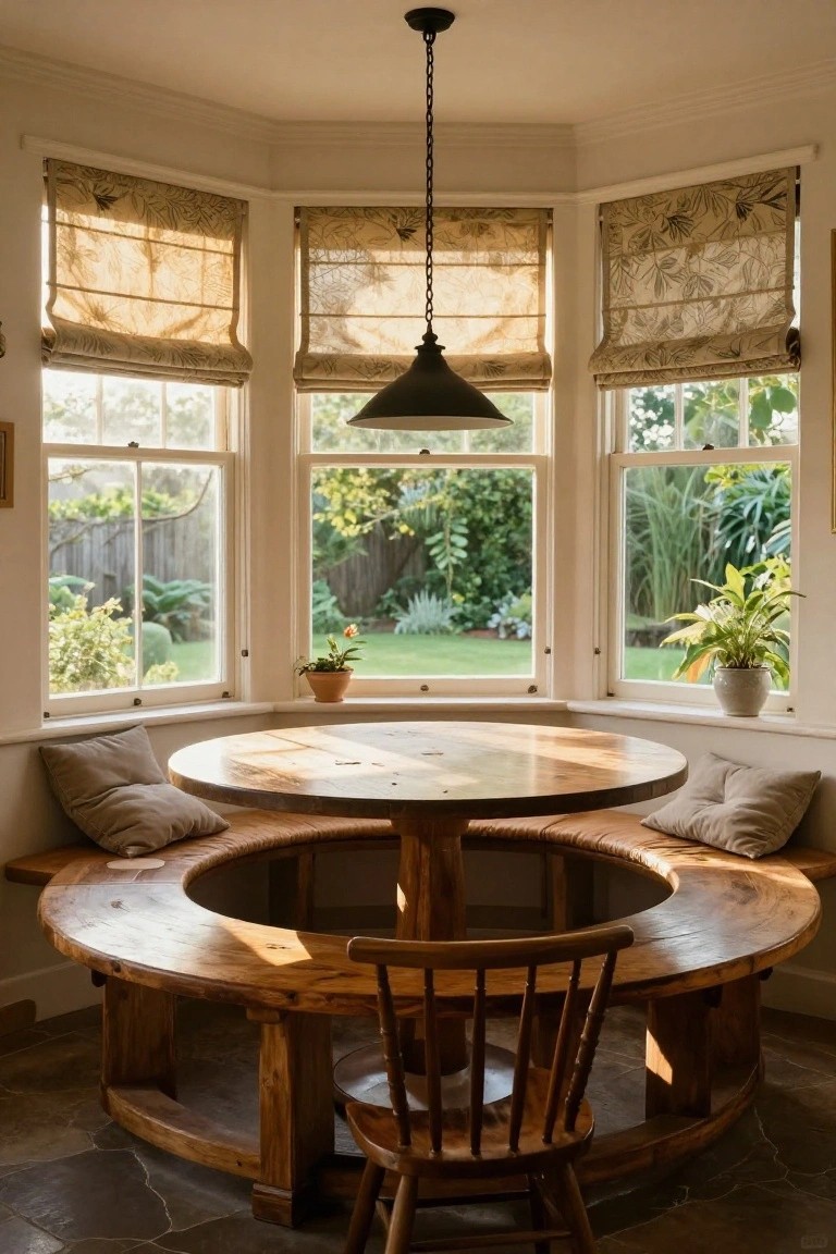 Bay window nook with round wooden table, curved built-in benches with cushions, wooden chair, pendant light, and garden view through triple windows.