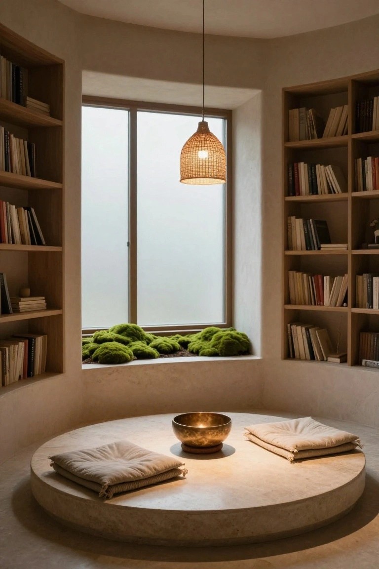 Curved interior room with wooden bookshelves, frosted window with moss on sill, hanging rattan lamp, and central round stone platform with beige cushions and bronze singing bowl.