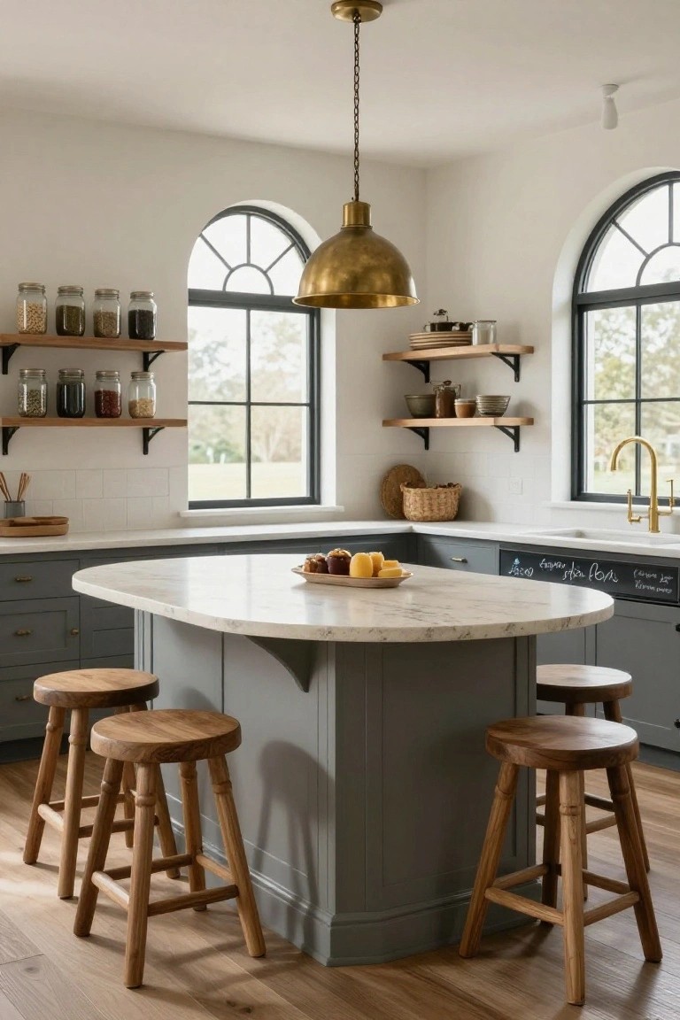 A modern kitchen with curved gray island topped in white marble, four wooden stools, brass pendant light, open wood shelves holding jars, and two arched black-framed windows showing trees outside.