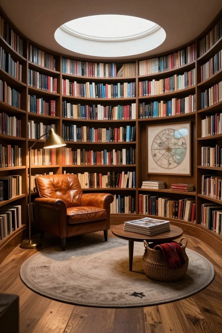 Circular wooden-paneled library room with floor-to-ceiling bookshelves filled with colorful books, orange leather armchair, round coffee table with magazines, brass floor lamp, skylight overhead, framed map on wall, gray rug, and wicker basket on wood floor.