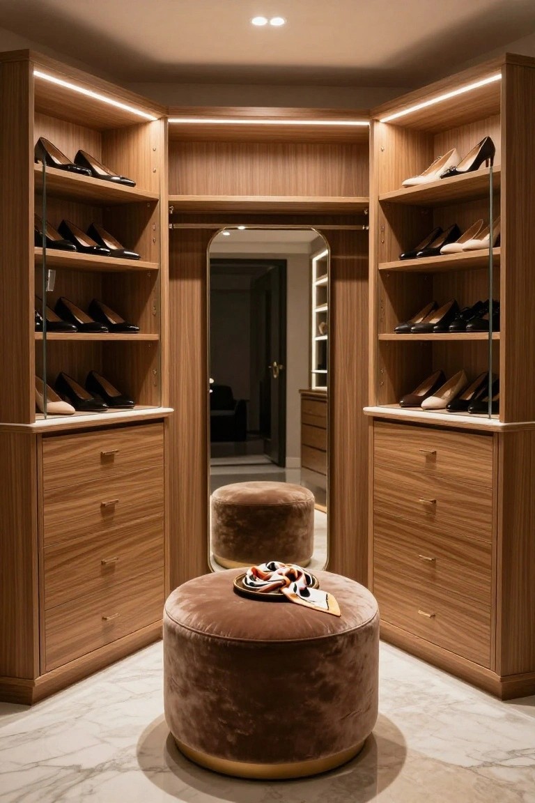 Corner walk-in closet with oak wood shelving displaying high-heel shoes, full-length arched mirror, lower drawers, central round pinkish velvet pouf with tray, and marble tile floor.