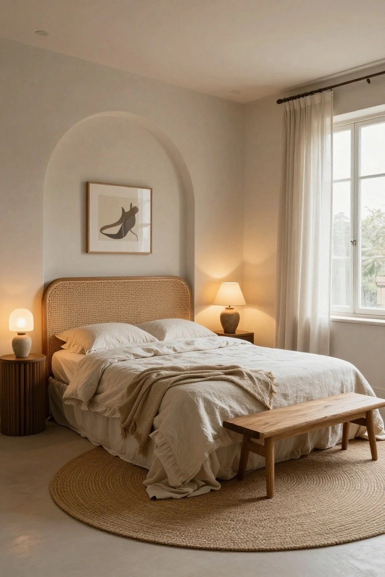 Bedroom with rattan headboard king bed on large round seagrass rug, wooden bench at foot, two nightstands with ceramic lamps, arched wall niche holding framed abstract artwork, sheer curtains on window showing trees outside.