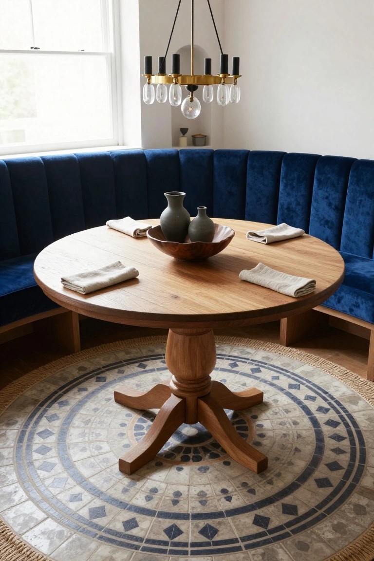 Round wooden pedestal table in a corner booth with curved blue velvet cushions, set with linen napkins and ceramic vases, under a modern chandelier on a round tiled rug.