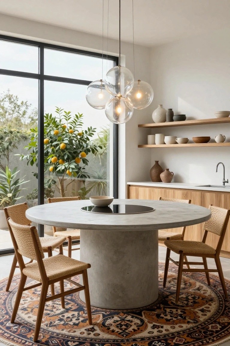 Contemporary kitchen-dining area with central round concrete table, four rattan chairs on wood frames, colorful round rug, cluster glass pendant lights, wooden open shelves holding ceramics, wooden cabinets, white countertops, and large black-framed windows overlooking garden with lemon tree.