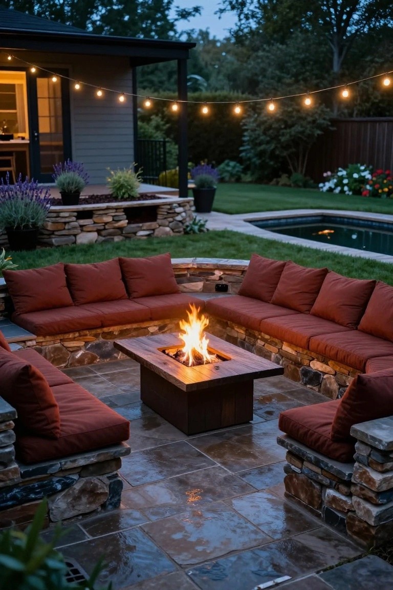 Backyard patio with L-shaped built-in red cushioned benches on stone bases surrounding a central wooden fire pit table, string lights overhead, plants nearby, grass lawn, and in-ground pool at dusk.