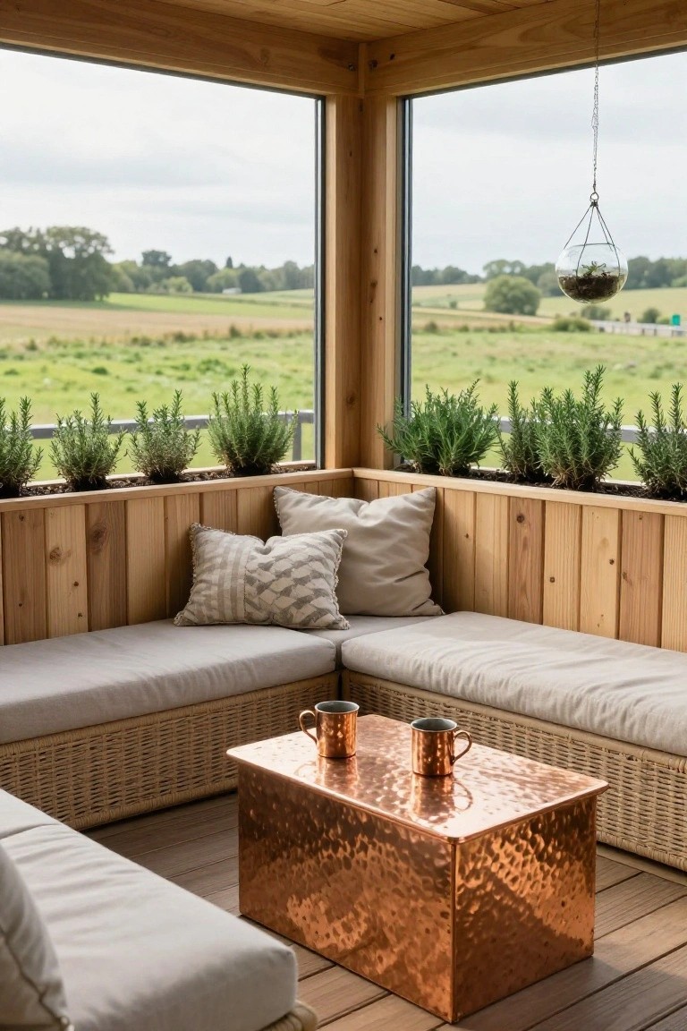 Wooden pavilion interior with L-shaped cushioned bench seating along paneled walls, central hammered copper table holding two mugs, rosemary plants in planters on the ledge, and large windows overlooking green fields and trees.