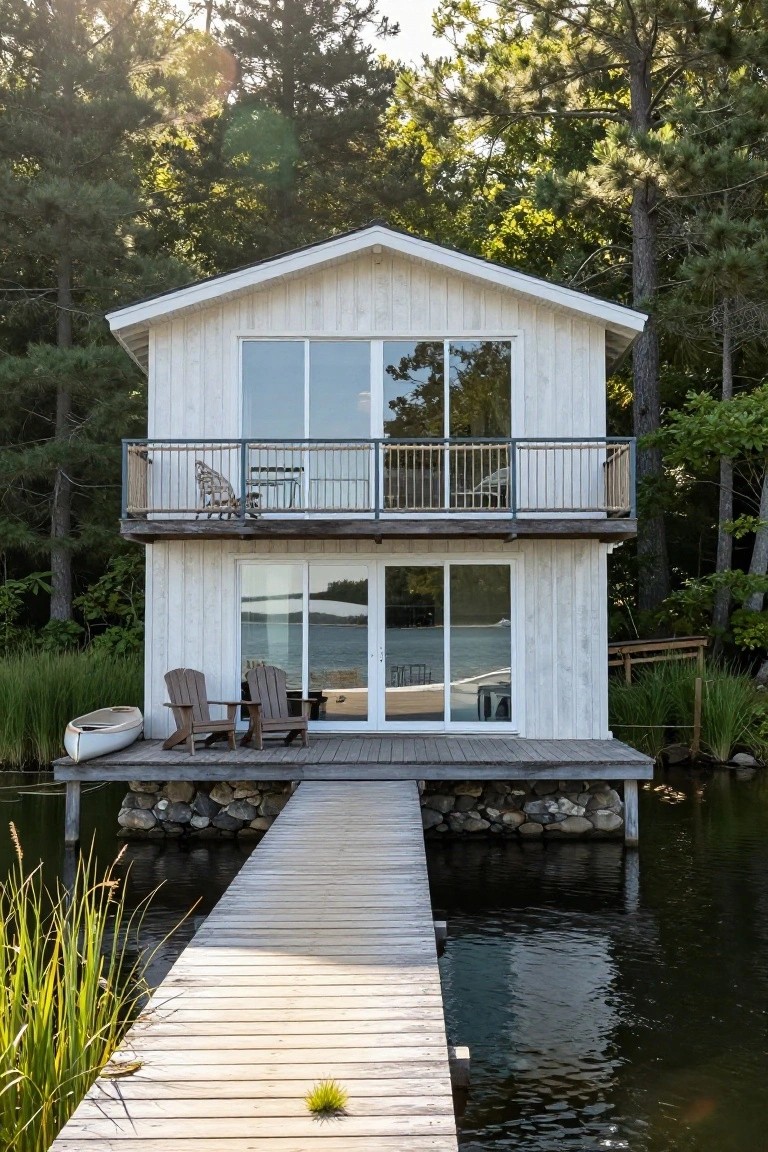 Two-story white wooden cabin elevated on pilings above a lake, accessed by a wooden walkway dock, with Adirondack chairs on the lower deck, canoe nearby, and trees and reeds surrounding the water's edge.