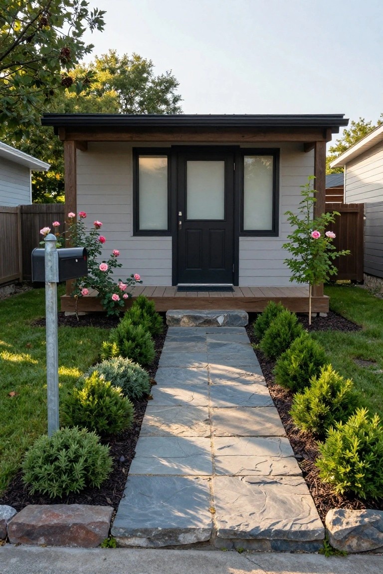 Front exterior of a small gray-sided prefab cabin with black door, frosted triple window, wooden roof beams and porch, stone pathway, boxwood shrubs, rose bushes, and metal mailbox in a grassy yard.