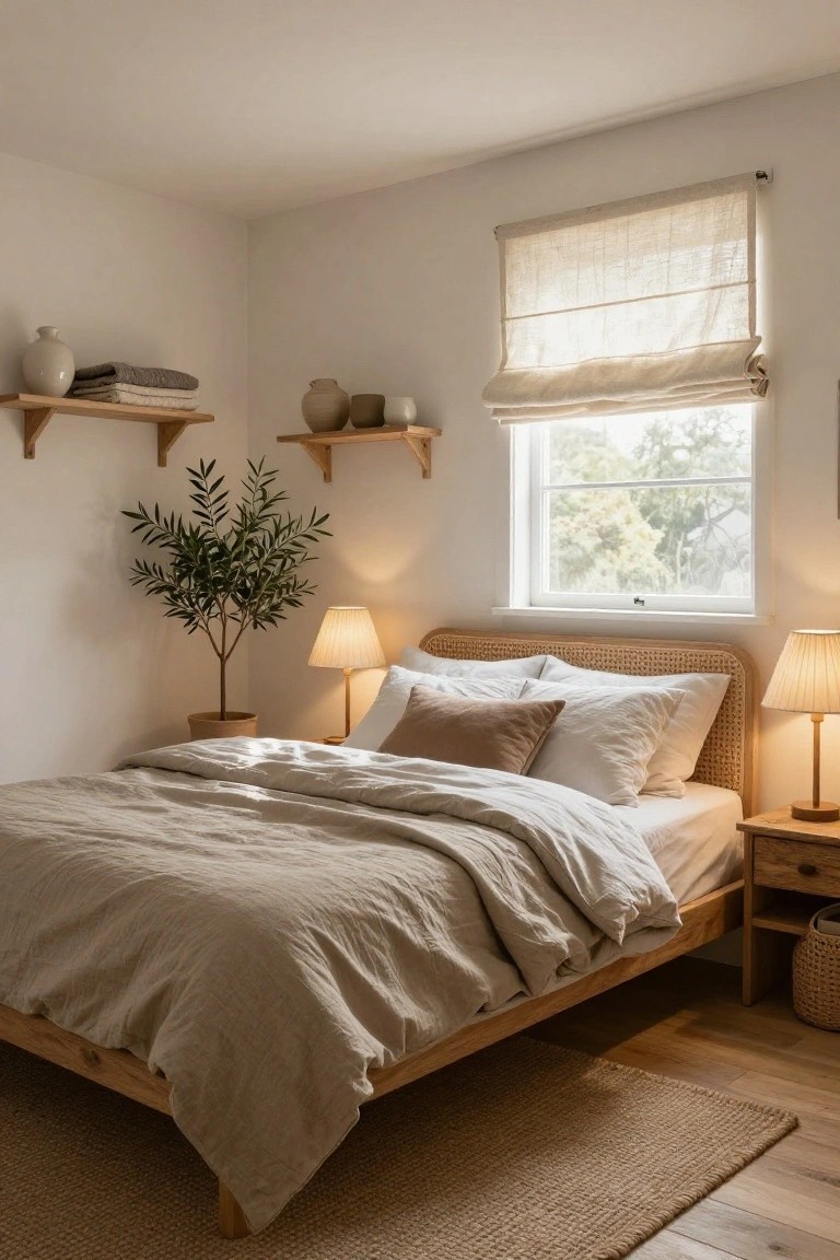 A minimalist bedroom with low wooden platform bed draped in beige linen bedding, rattan headboard, two lamps on nightstands, potted olive tree in corner, wooden floating shelves with pottery and linens, seagrass rug, and window covered by linen shade.