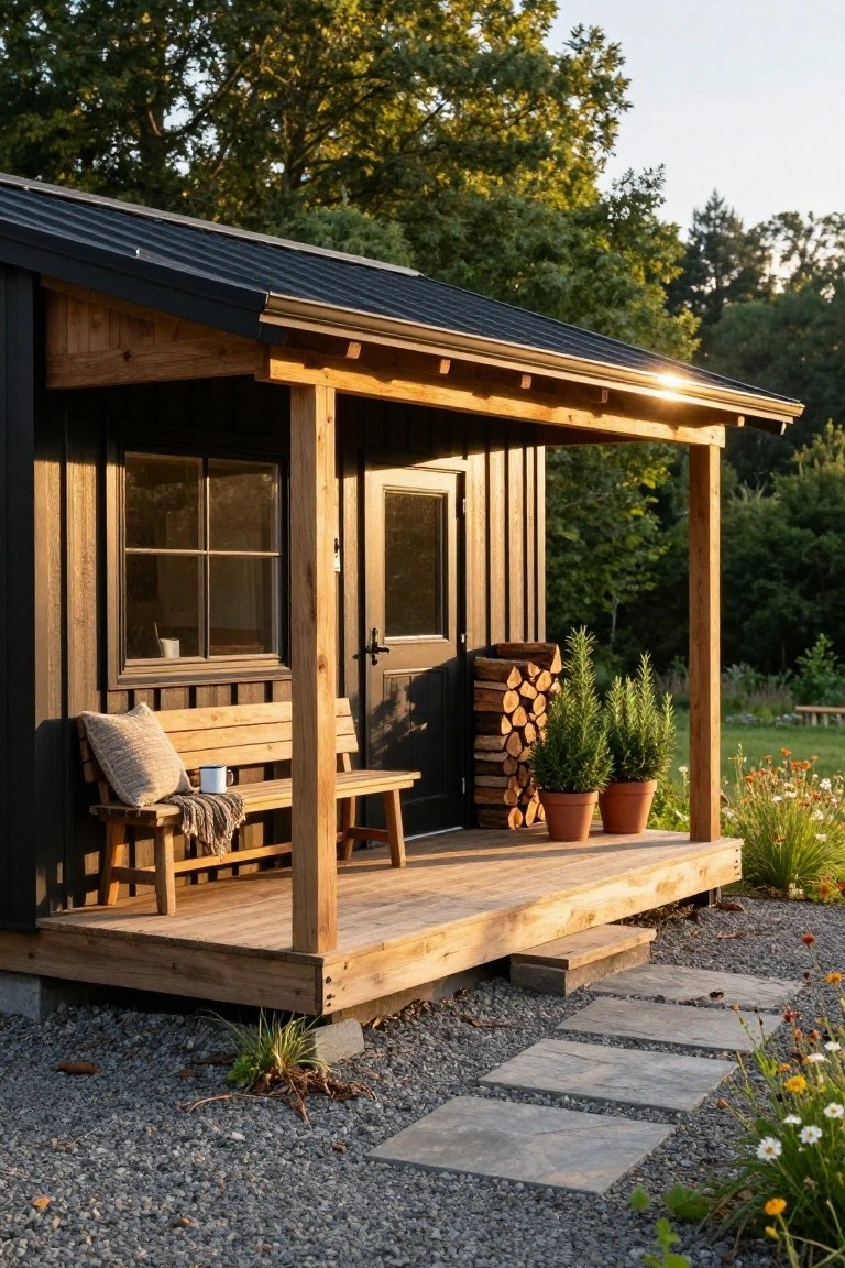 Small black-stained wood cabin with covered front porch, wooden bench with cushions and blanket, firewood stack, potted plants, gravel path, and surrounding trees and garden.